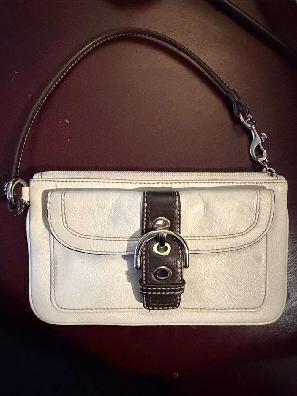 Coach vintage cream Leather Slim Wristlet with Dark Brown Strap & Buckle